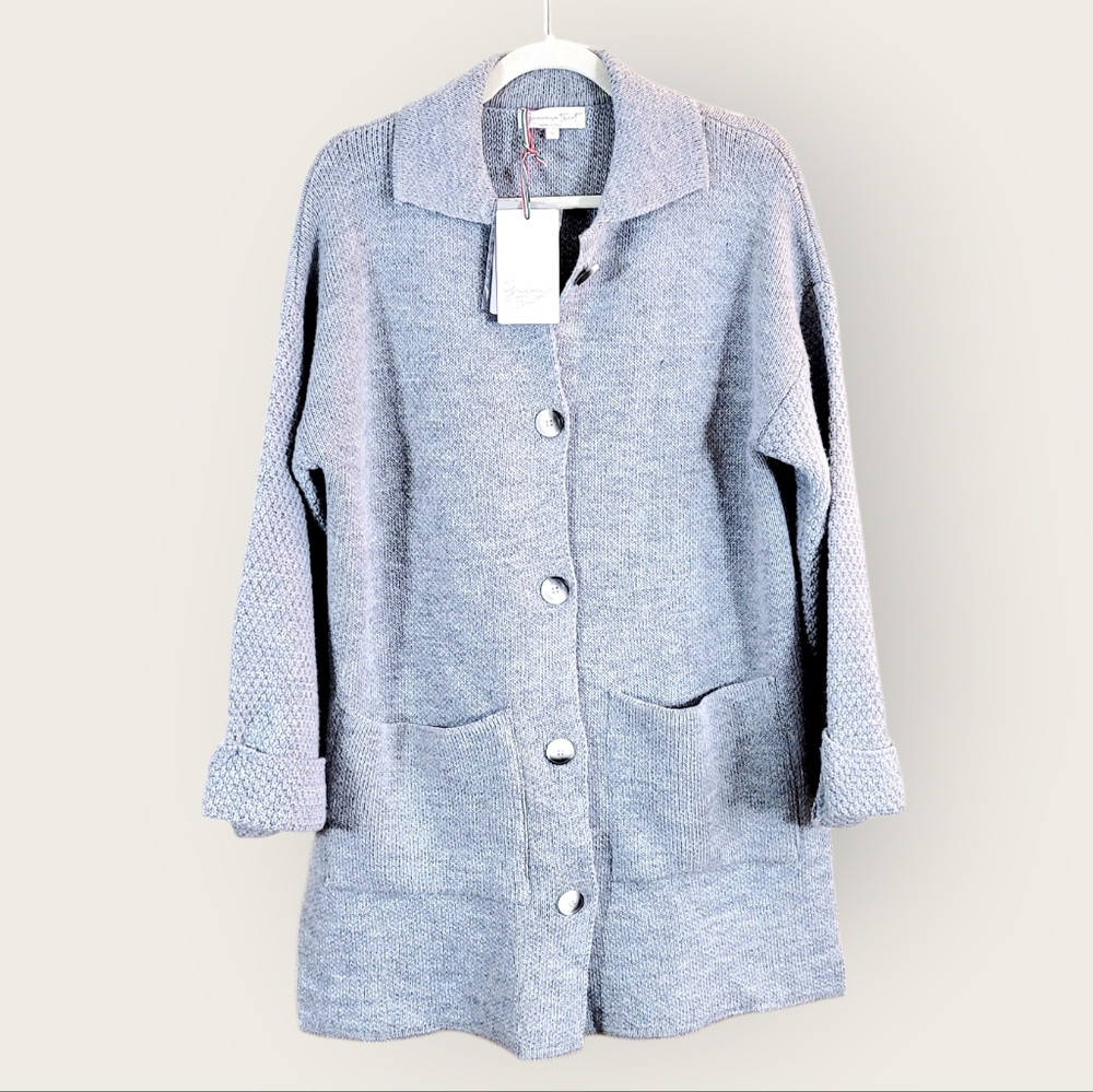NWT GIOVANNA TRICOT Italy Wool Blend Oversized Longline Cardigan Sweater Grey M